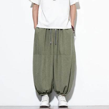 Buddha Stones Spring Solid Color Drawstring Cropped Men's Harem Cotton Pants With Pockets