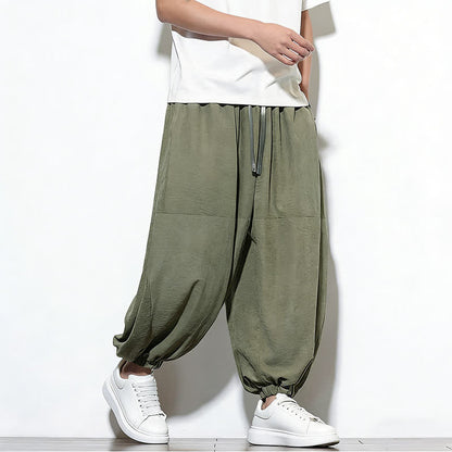Buddha Stones Spring Solid Color Drawstring Cropped Men's Harem Cotton Pants With Pockets