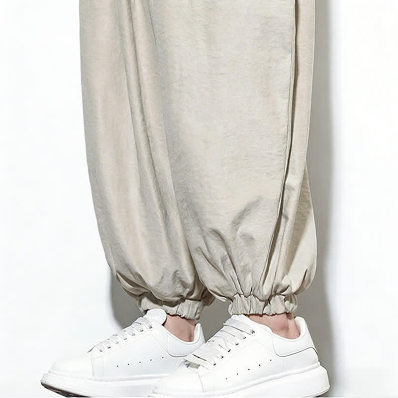 Buddha Stones Spring Solid Color Drawstring Cropped Men's Harem Cotton Pants With Pockets