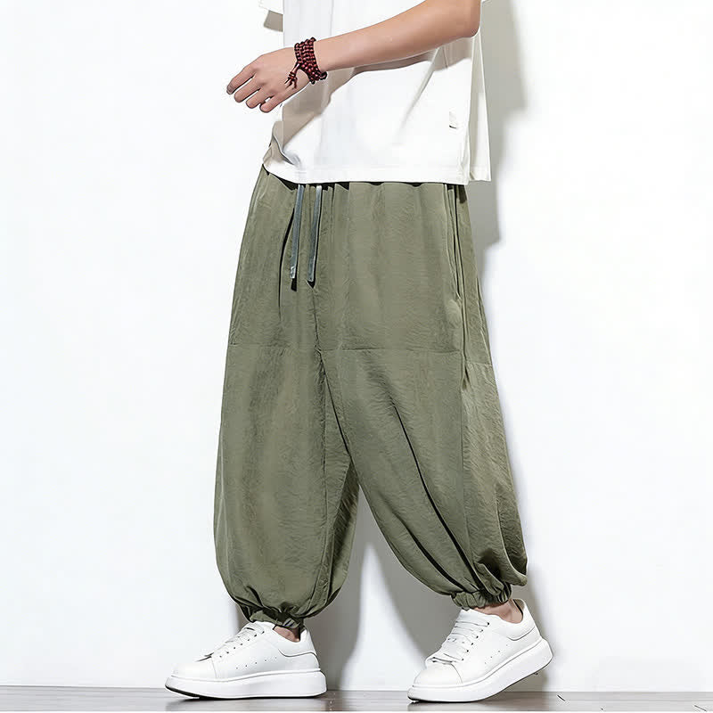 Buddha Stones Spring Solid Color Drawstring Cropped Men's Harem Cotton Pants With Pockets