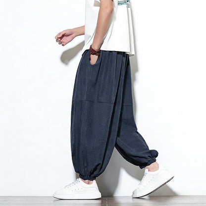Buddha Stones Spring Solid Color Drawstring Cropped Men's Harem Cotton Pants With Pockets