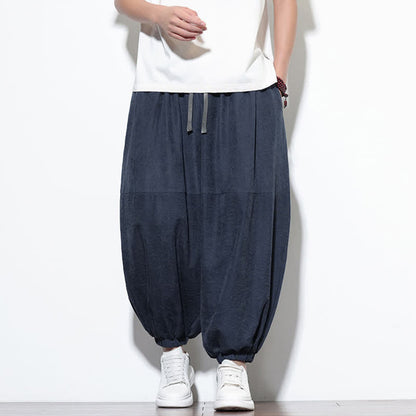 Buddha Stones Spring Solid Color Drawstring Cropped Men's Harem Cotton Pants With Pockets
