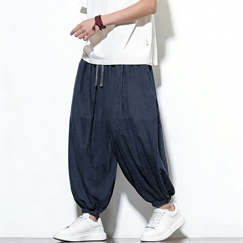 Buddha Stones Spring Solid Color Drawstring Cropped Men's Harem Cotton Pants With Pockets