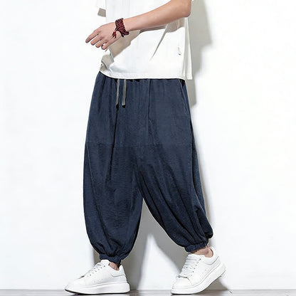 Buddha Stones Spring Solid Color Drawstring Cropped Men's Harem Cotton Pants With Pockets