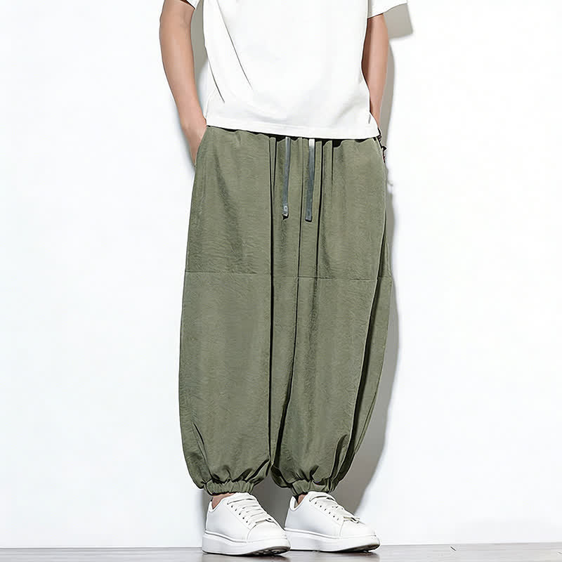 Buddha Stones Spring Solid Color Drawstring Cropped Men's Harem Cotton Pants With Pockets