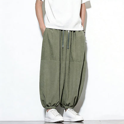 Buddha Stones Spring Solid Color Drawstring Cropped Men's Harem Cotton Pants With Pockets