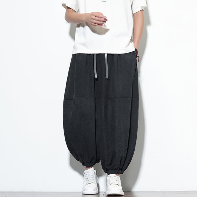 Buddha Stones Spring Solid Color Drawstring Cropped Men's Harem Cotton Pants With Pockets