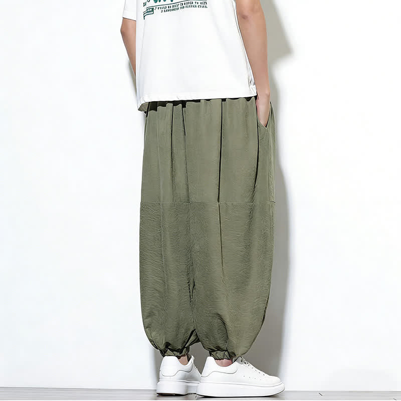 Buddha Stones Spring Solid Color Drawstring Cropped Men's Harem Cotton Pants With Pockets