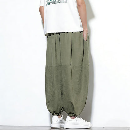 Buddha Stones Spring Solid Color Drawstring Cropped Men's Harem Cotton Pants With Pockets