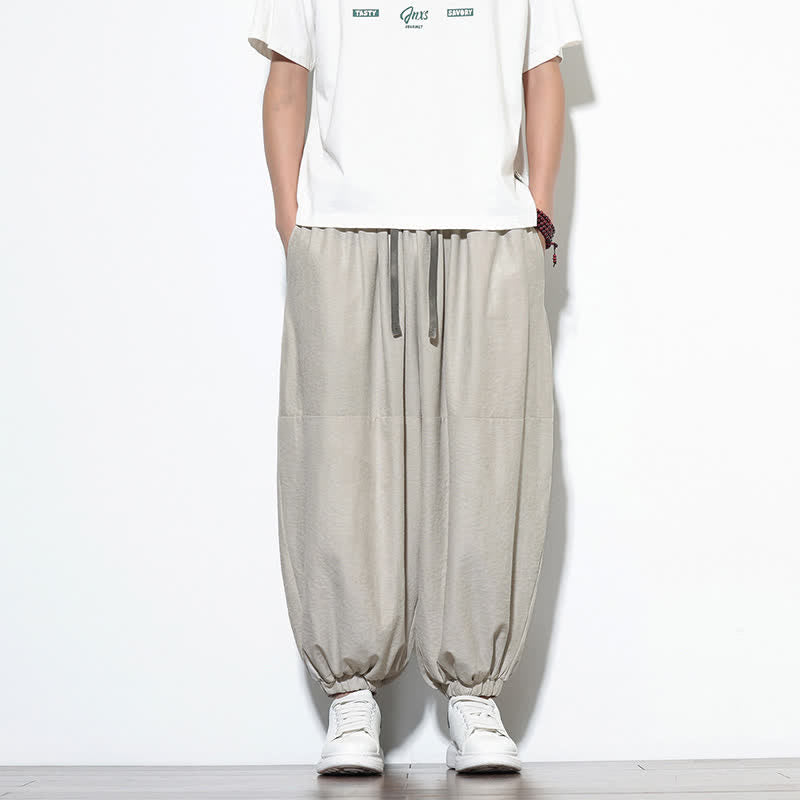Buddha Stones Spring Solid Color Drawstring Cropped Men's Harem Cotton Pants With Pockets