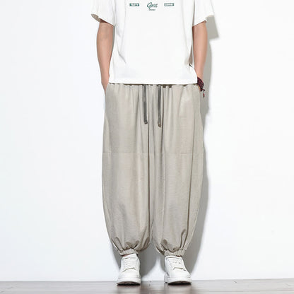 Buddha Stones Spring Solid Color Drawstring Cropped Men's Harem Cotton Pants With Pockets