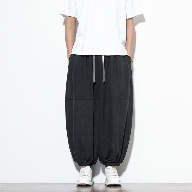 Buddha Stones Spring Solid Color Drawstring Cropped Men's Harem Cotton Pants With Pockets