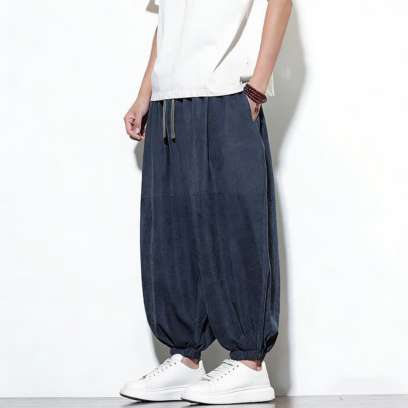 Buddha Stones Spring Solid Color Drawstring Cropped Men's Harem Cotton Pants With Pockets