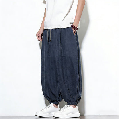 Buddha Stones Spring Solid Color Drawstring Cropped Men's Harem Cotton Pants With Pockets