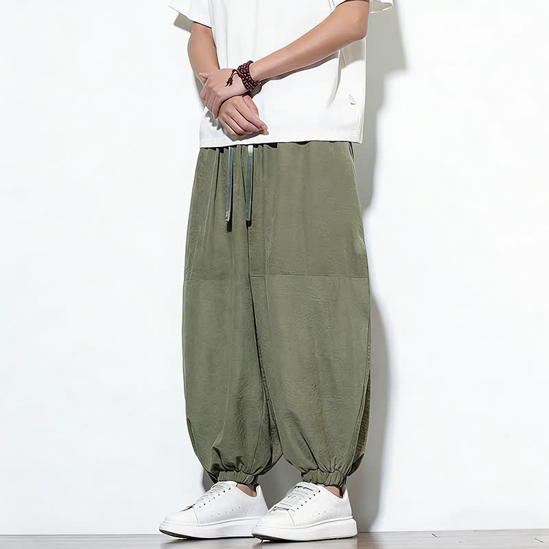 Buddha Stones Spring Solid Color Drawstring Cropped Men's Harem Cotton Pants With Pockets