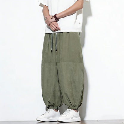 Buddha Stones Spring Solid Color Drawstring Cropped Men's Harem Cotton Pants With Pockets