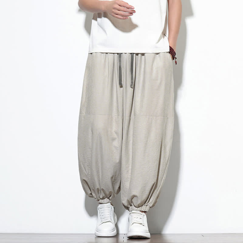 Buddha Stones Spring Solid Color Drawstring Cropped Men's Harem Cotton Pants With Pockets