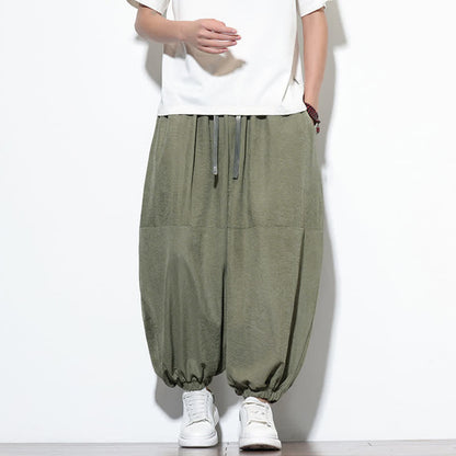 Buddha Stones Spring Solid Color Drawstring Cropped Men's Harem Cotton Pants With Pockets