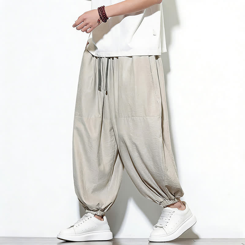Buddha Stones Spring Solid Color Drawstring Cropped Men's Harem Cotton Pants With Pockets