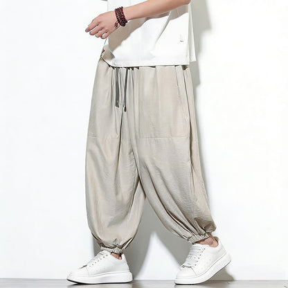 Buddha Stones Spring Solid Color Drawstring Cropped Men's Harem Cotton Pants With Pockets