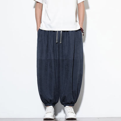 Buddha Stones Spring Solid Color Drawstring Cropped Men's Harem Cotton Pants With Pockets