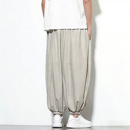 Buddha Stones Spring Solid Color Drawstring Cropped Men's Harem Cotton Pants With Pockets