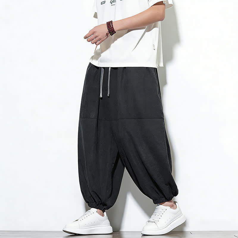 Buddha Stones Spring Solid Color Drawstring Cropped Men's Harem Cotton Pants With Pockets