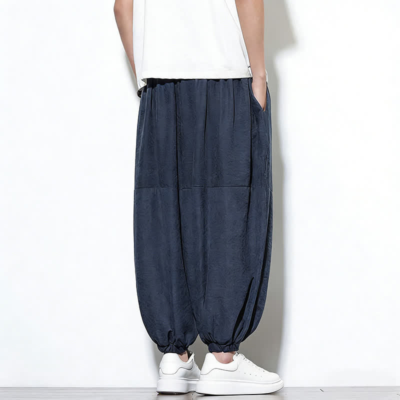 Buddha Stones Spring Solid Color Drawstring Cropped Men's Harem Cotton Pants With Pockets