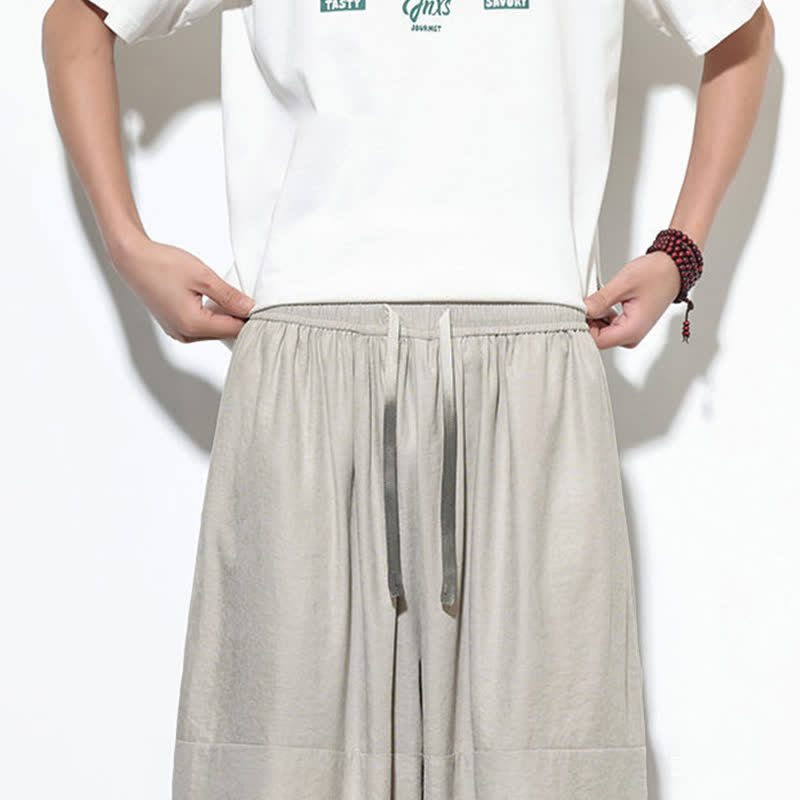 Buddha Stones Spring Solid Color Drawstring Cropped Men's Harem Cotton Pants With Pockets