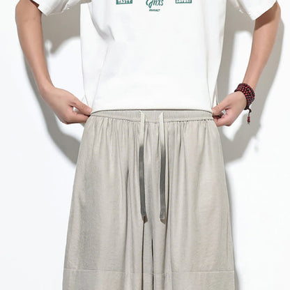 Buddha Stones Spring Solid Color Drawstring Cropped Men's Harem Cotton Pants With Pockets