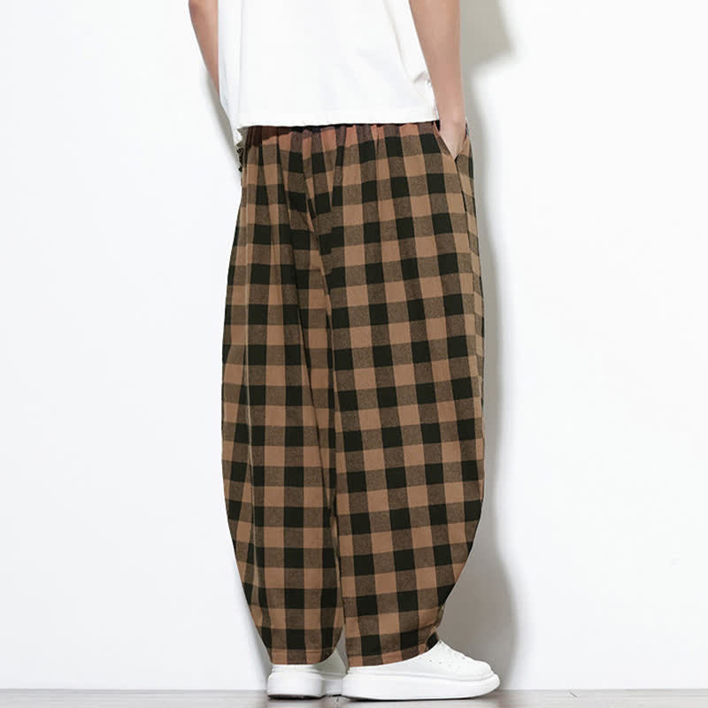 Buddha Stones Summer Plaid Pattern High Waist Drawstring Men's Harem Pants With Pockets