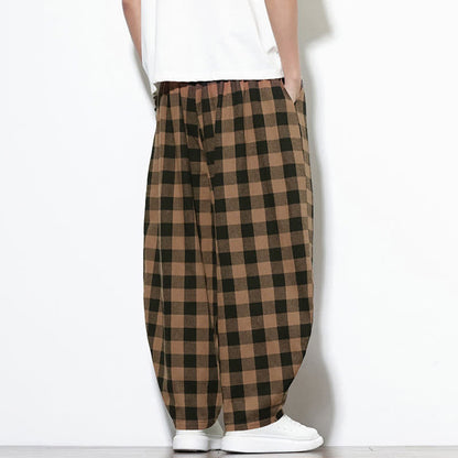 Buddha Stones Summer Plaid Pattern High Waist Drawstring Men's Harem Pants With Pockets