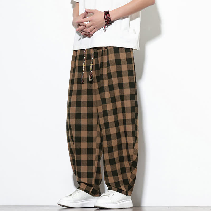 Buddha Stones Summer Plaid Pattern High Waist Drawstring Men's Harem Pants With Pockets