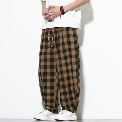 Buddha Stones Summer Plaid Pattern High Waist Drawstring Men's Harem Pants With Pockets