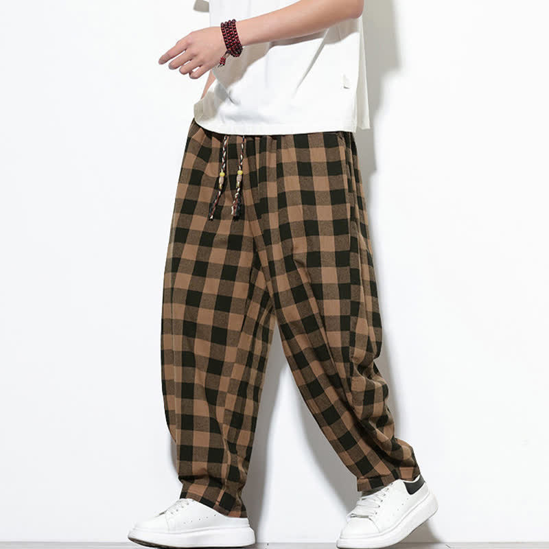 Buddha Stones Summer Plaid Pattern High Waist Drawstring Men's Harem Pants With Pockets