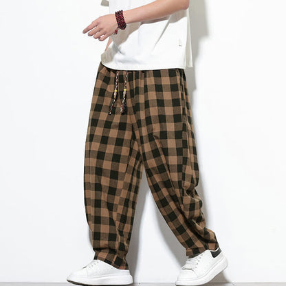 Buddha Stones Summer Plaid Pattern High Waist Drawstring Men's Harem Pants With Pockets