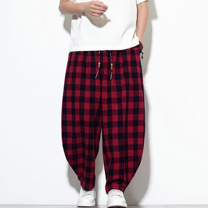 Buddha Stones Summer Plaid Pattern High Waist Drawstring Men's Harem Pants With Pockets