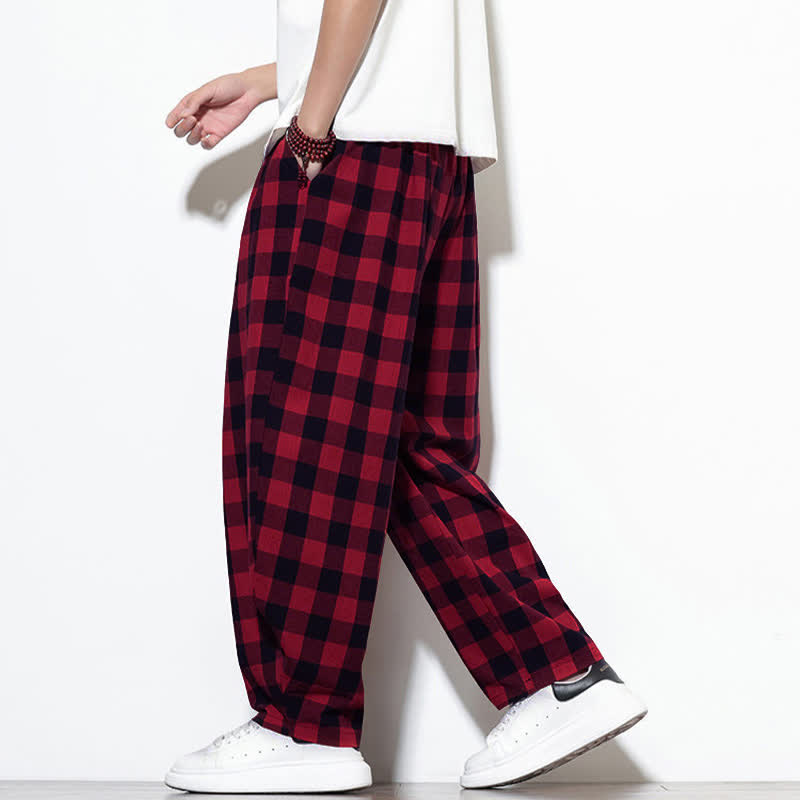 Buddha Stones Summer Plaid Pattern High Waist Drawstring Men's Harem Pants With Pockets
