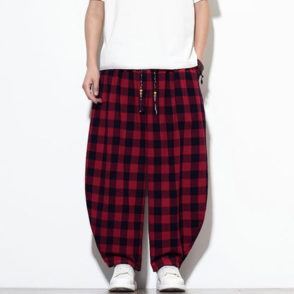 Buddha Stones Summer Plaid Pattern High Waist Drawstring Men's Harem Pants With Pockets