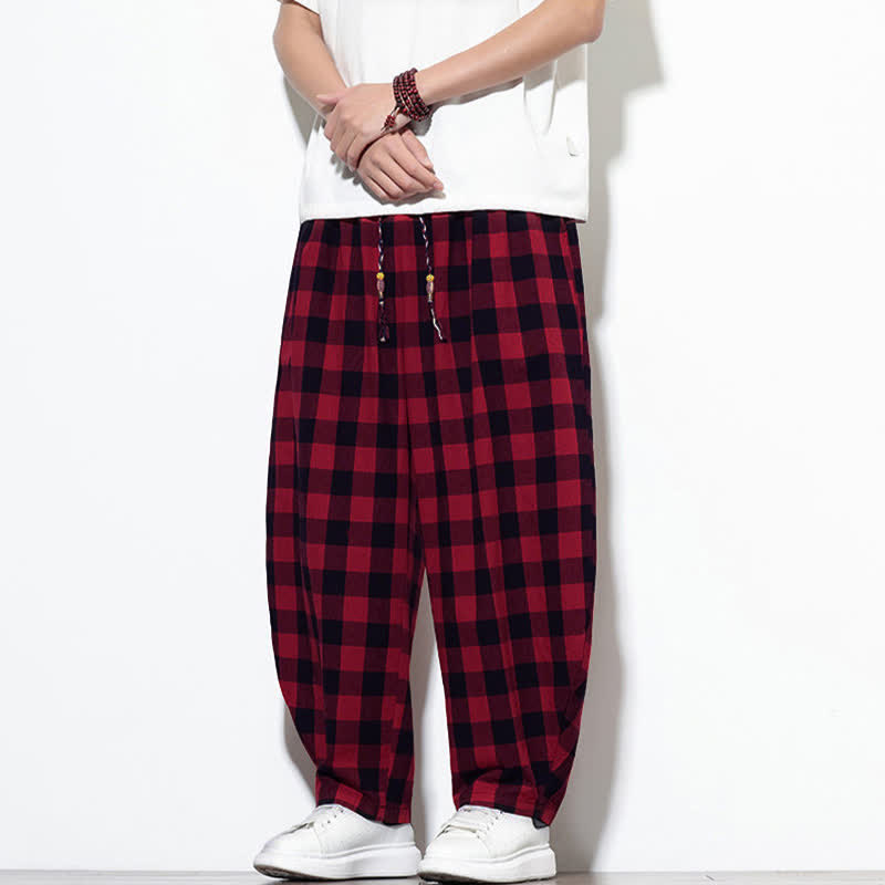 Buddha Stones Summer Plaid Pattern High Waist Drawstring Men's Harem Pants With Pockets