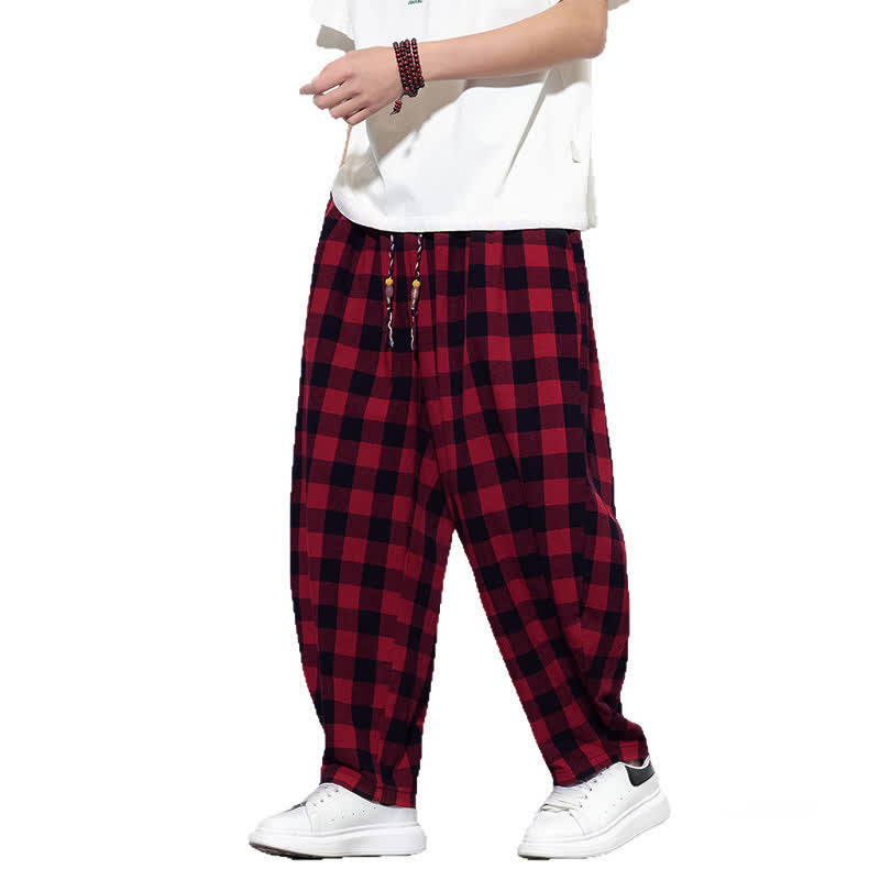 Buddha Stones Summer Plaid Pattern High Waist Drawstring Men's Harem Pants With Pockets