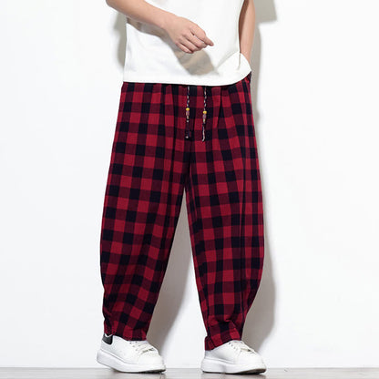 Buddha Stones Summer Plaid Pattern High Waist Drawstring Men's Harem Pants With Pockets