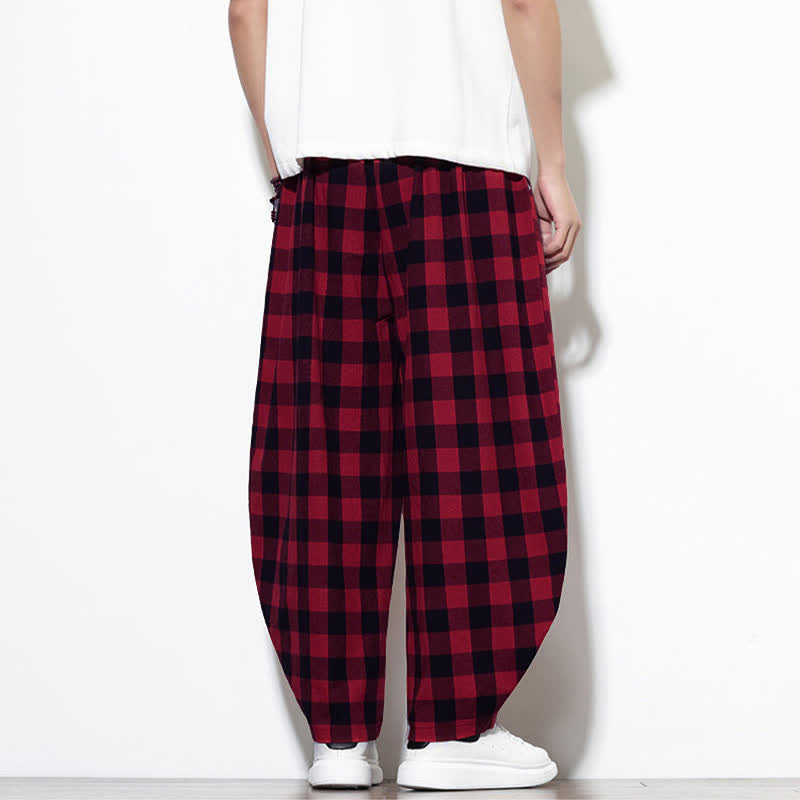 Buddha Stones Summer Plaid Pattern High Waist Drawstring Men's Harem Pants With Pockets