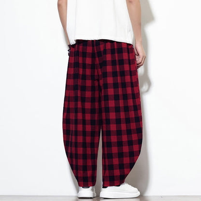 Buddha Stones Summer Plaid Pattern High Waist Drawstring Men's Harem Pants With Pockets