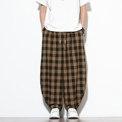 Buddha Stones Summer Plaid Pattern High Waist Drawstring Men's Harem Pants With Pockets