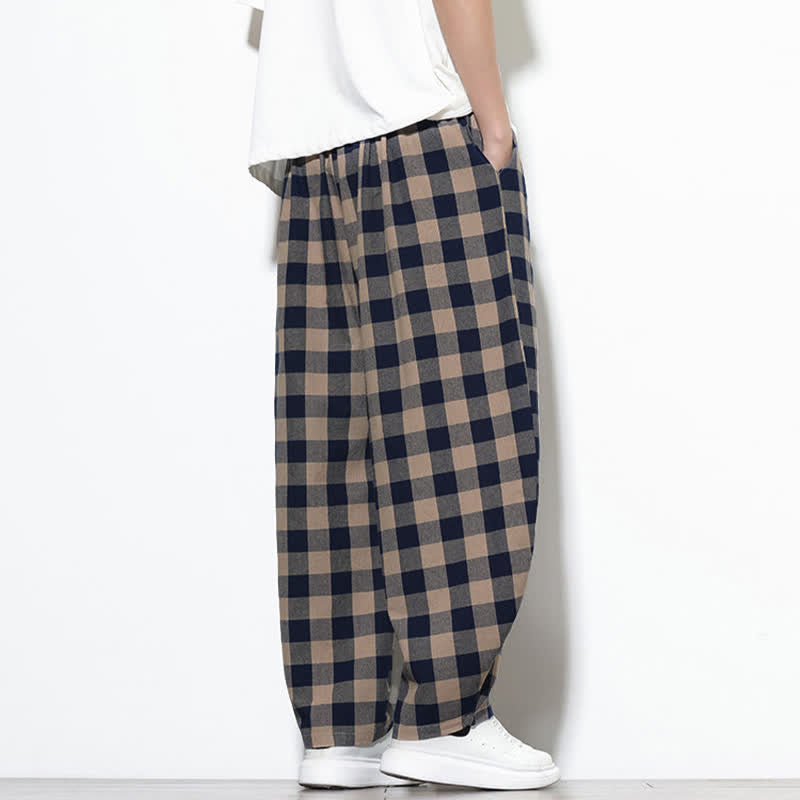 Buddha Stones Summer Plaid Pattern High Waist Drawstring Men's Harem Pants With Pockets