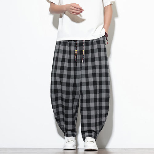 Buddha Stones Summer Plaid Pattern High Waist Drawstring Men's Harem Pants With Pockets