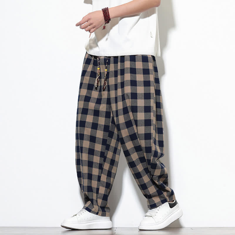 Buddha Stones Summer Plaid Pattern High Waist Drawstring Men's Harem Pants With Pockets
