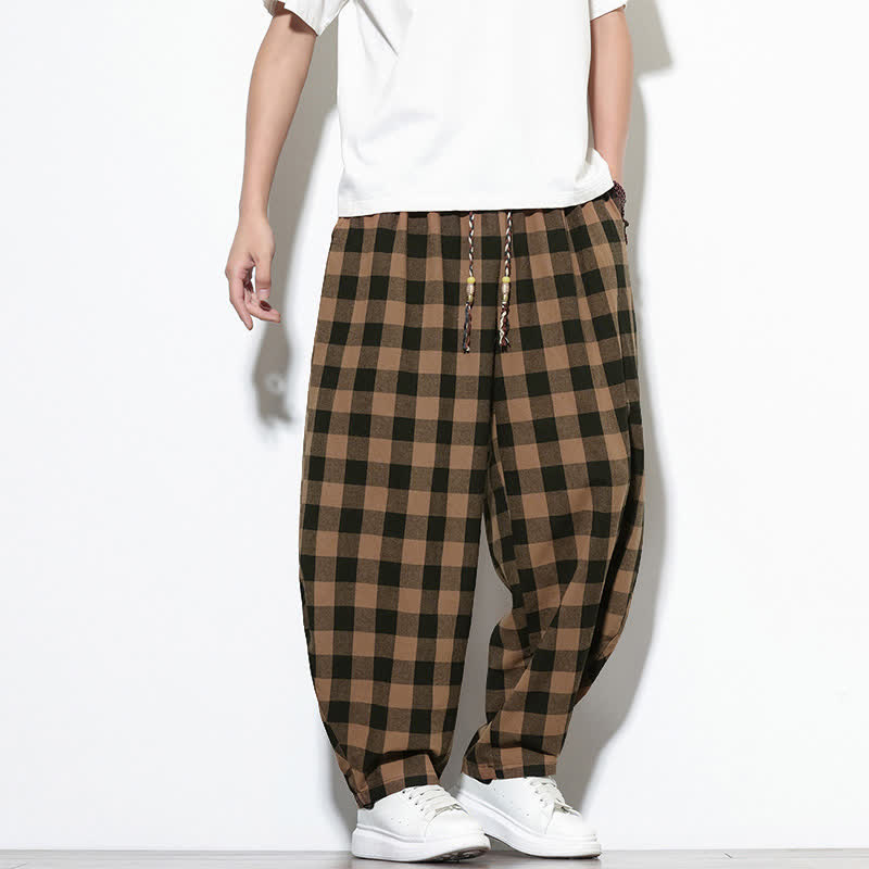 Buddha Stones Summer Plaid Pattern High Waist Drawstring Men's Harem Pants With Pockets