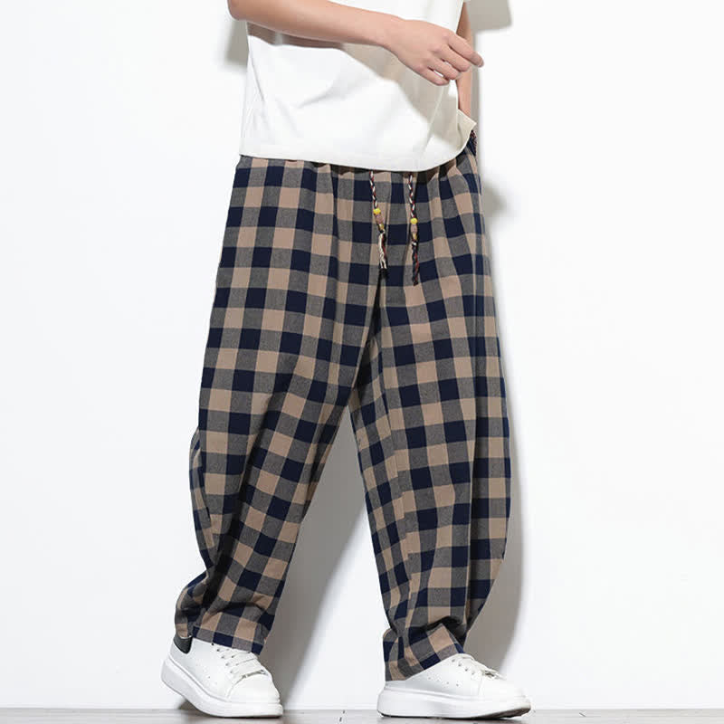 Buddha Stones Summer Plaid Pattern High Waist Drawstring Men's Harem Pants With Pockets